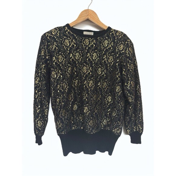 Destinee Womens S 70s Lambswool Sweater Black Gold Metallic Floral Lace Vintage - Picture 10 of 16